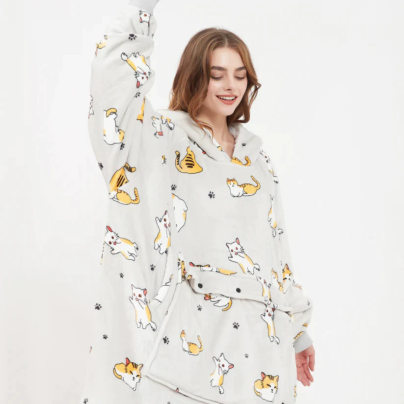 Heated hoodie blanket with hood, white plush with colorful cat print and front placket