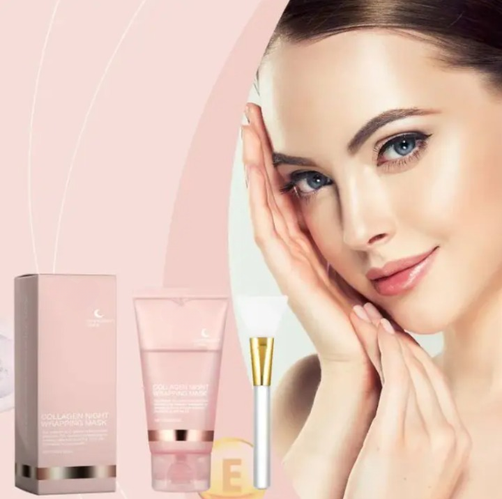 Pink peel-off collagen night face mask tube with cap and gold applicator brush