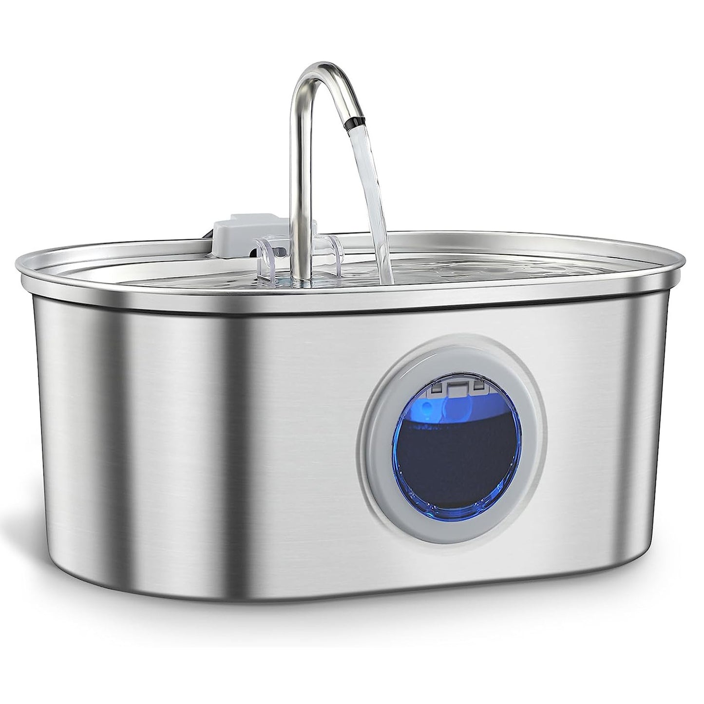 Stainless steel pet water fountain with front blue control window and curved drinking spout