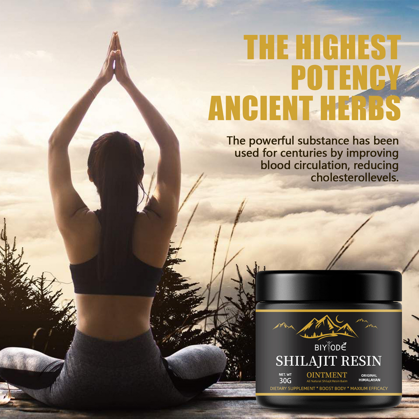 Shilajit resin ointment jar with “The highest potency” text on wellness scene