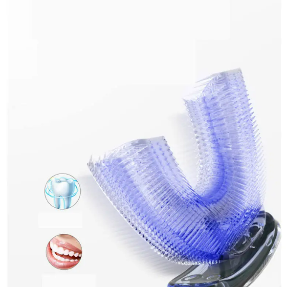 U-shaped ultrasonic toothbrush head with blue bristle arms on black base