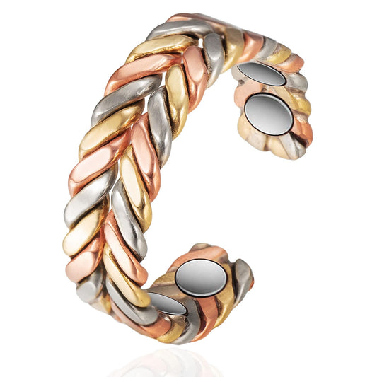 Tricolor adjustable copper ring with braided metal leaves and oval insets