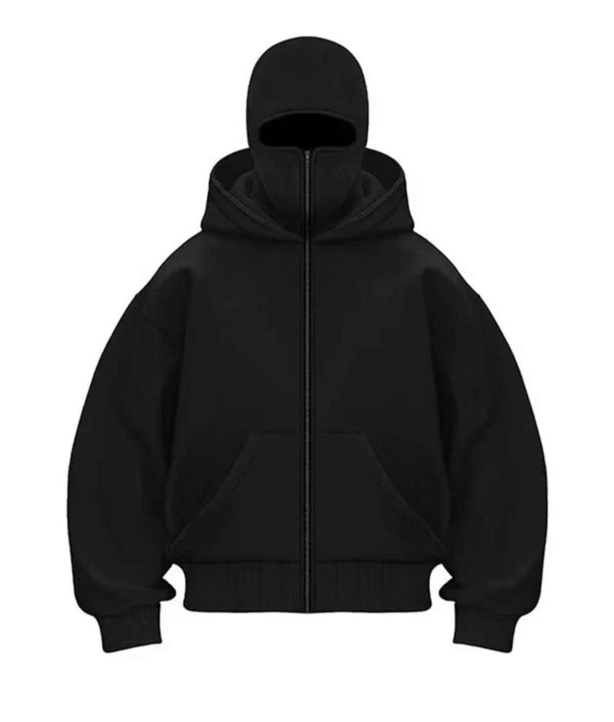 Men's hooded zip-up baseball jacket, black with full-length front zipper