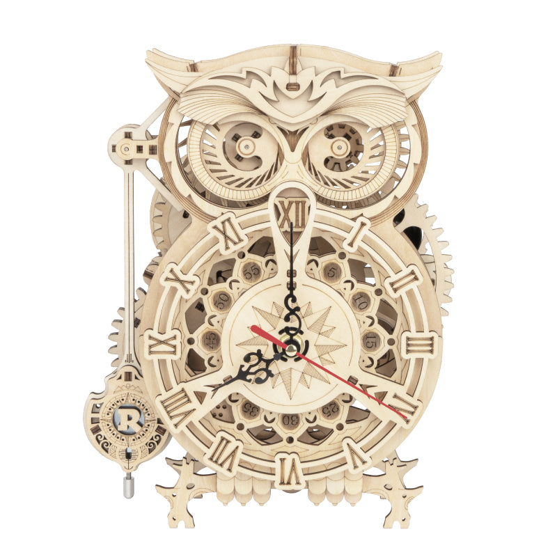 Light wood owl mechanical clock with roman numerals, pendulum weight, and hands
