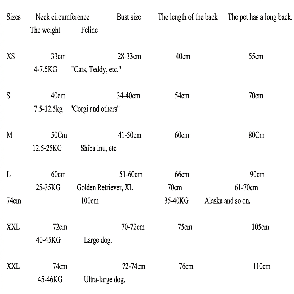 Pet bathrobe size chart with XS–XXL measurements for neck, bust, back length and weight
