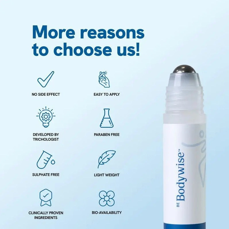 BeBodywise hair growth serum roll-on bottle with blue label