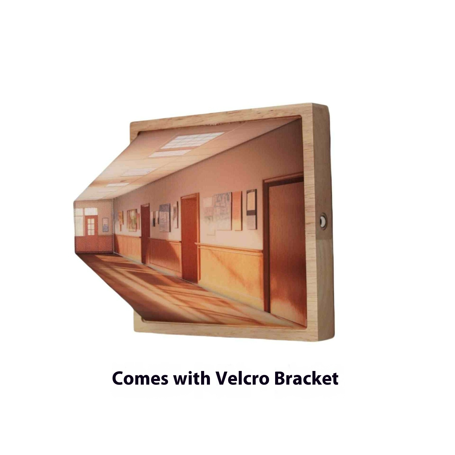 Wooden framed LED night light showing a glowing hallway illustration, angled view