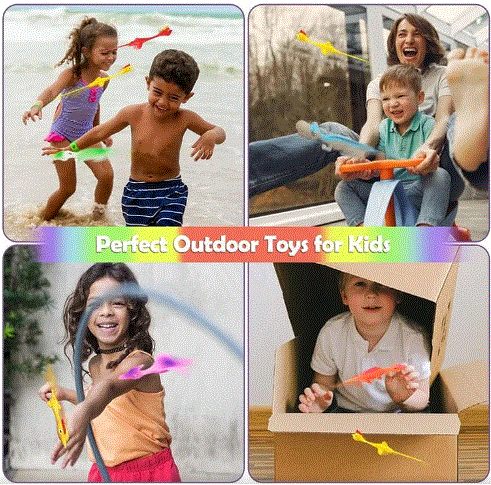 Kids running and playing with dinosaur slingshot finger toys outdoors
