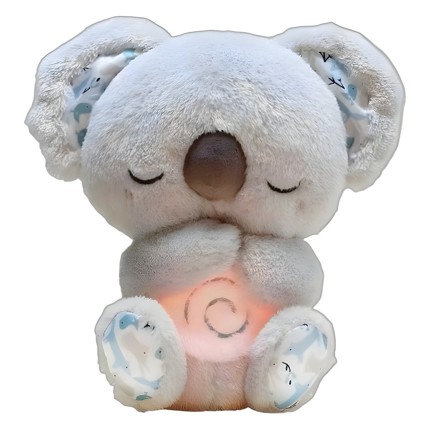White plush baby sound machine animal with closed eyes and glowing belly light