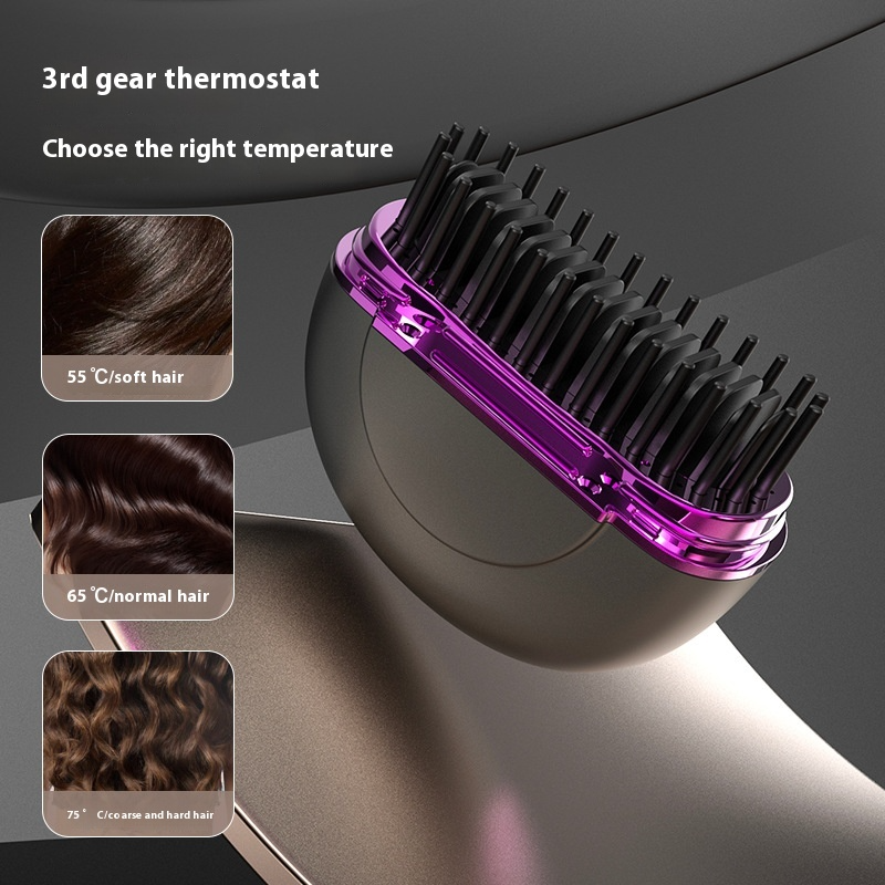 Portable ceramic hair straightener with purple heating plate and black comb teeth, side angle