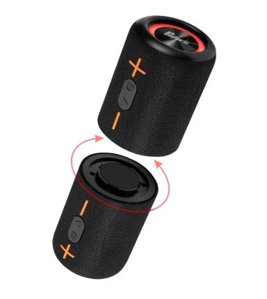 Black portable speaker with hinged top and circular control area, textured fabric