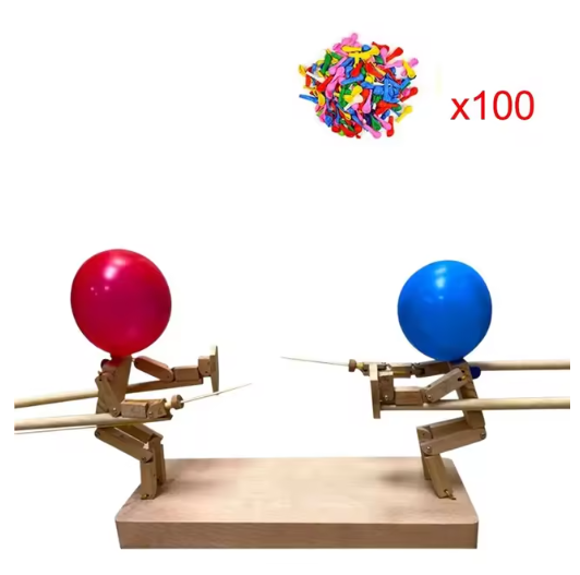 Wooden balloon fighter puppet set with red and blue balloons on wooden base