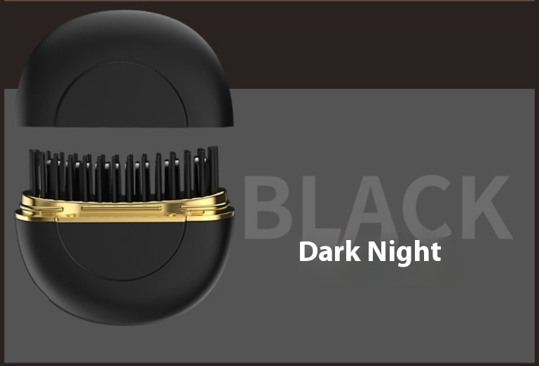 Black portable ceramic hair straightener with gold trim and black comb teeth, close-up