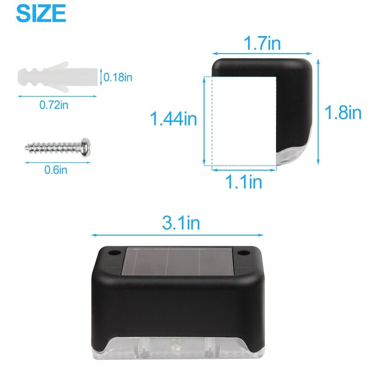 Solar step light size diagram for black outdoor deck light with mounting hardware