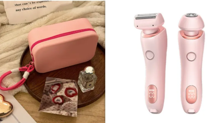 Electric duo body shaver set in pink, with peach zip travel case
