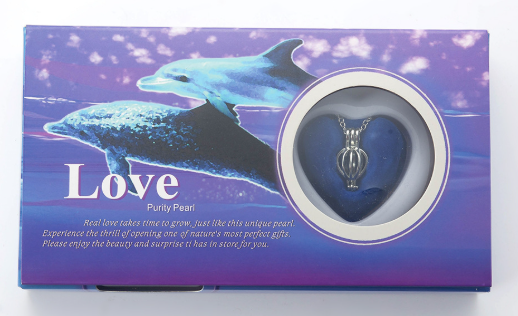 Wish pearl necklace gift box with dolphin scene and heart pendant in round display
