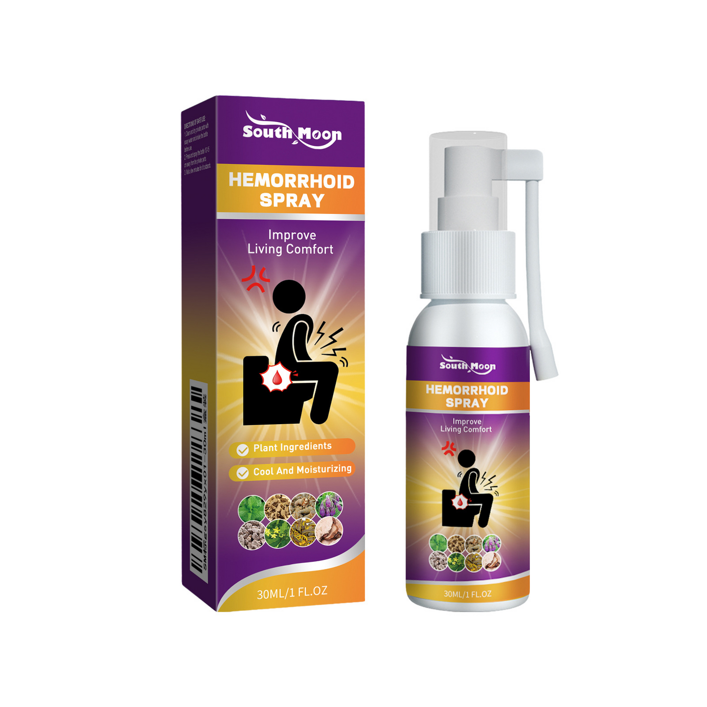 Herbal hemorrhoid relief spray box with two spray bottles, pump caps visible