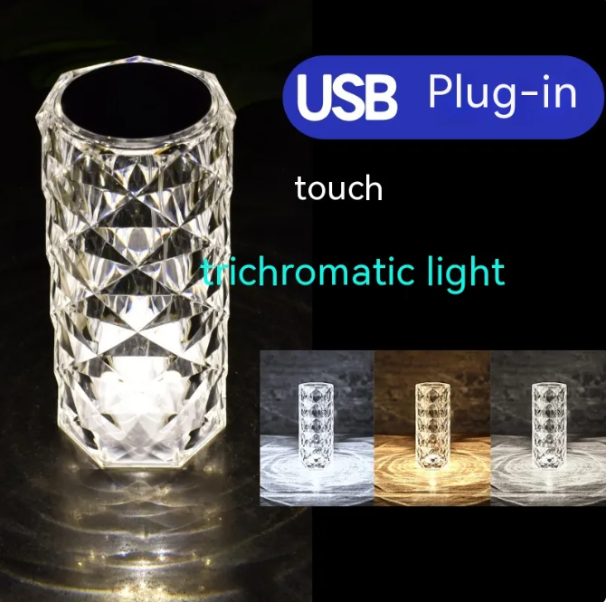 CrystalBloom LED rose lamp, faceted glass cylinder with bright white glow