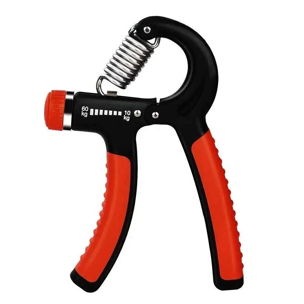 Adjustable hand grip strength trainer, black frame with red anti-slip handles and scale