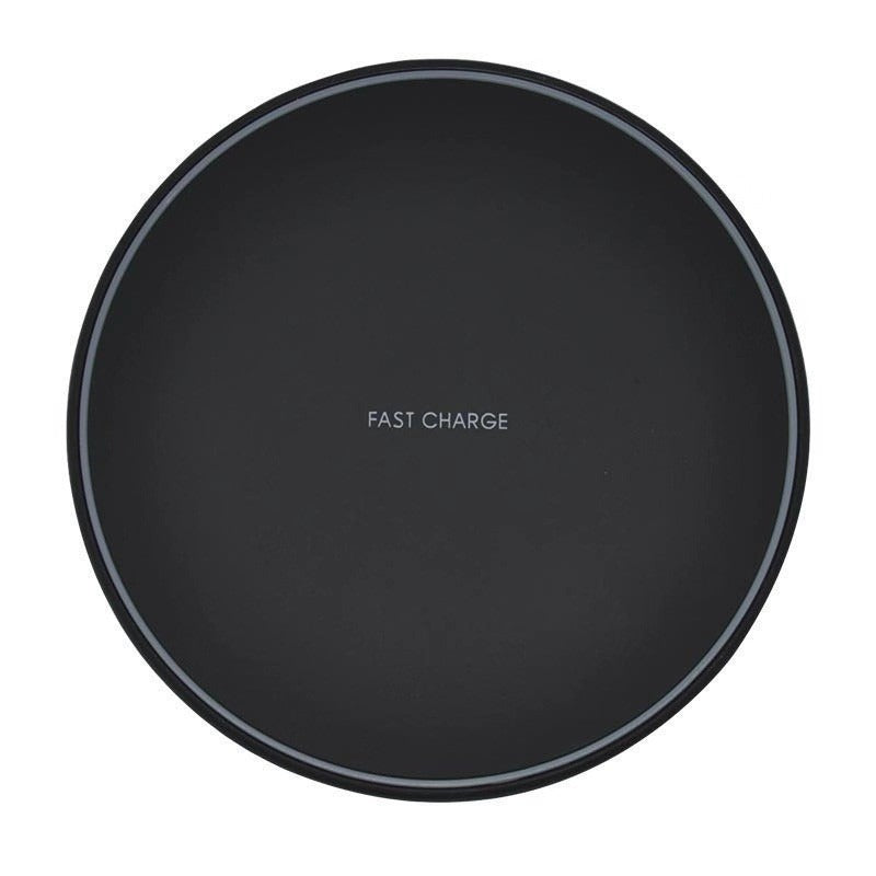Black round Qi wireless charging pad with “FAST CHARGE” branding