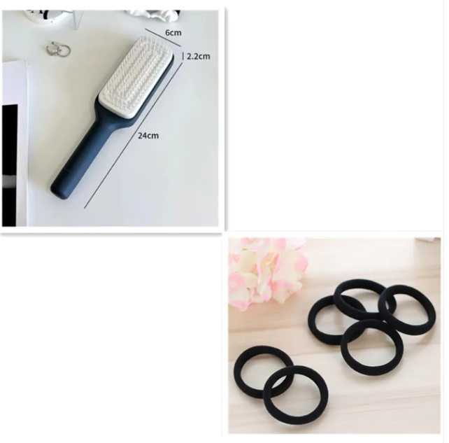 Self-cleaning hair brush with white bristle pad, dark blue handle, black hair ties