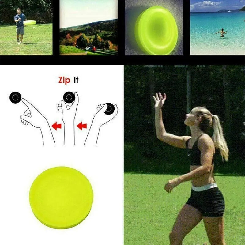 Neon yellow mini flying disc shown with outdoor play and catch instruction icons.