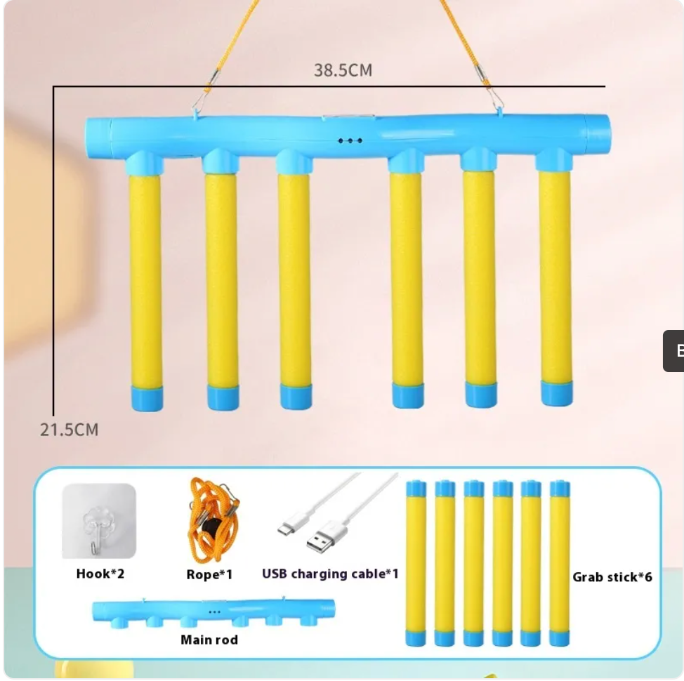 Kids sensory reaction trainer toy with blue bar and yellow rods, accessory set shown