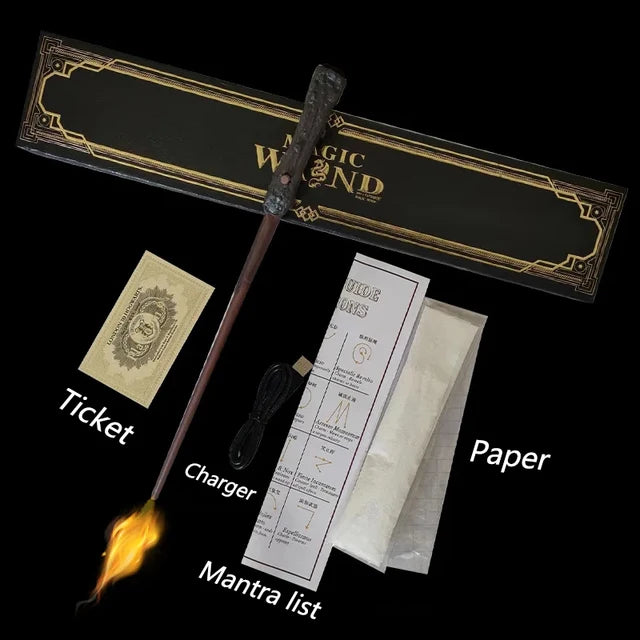 Magic wand toy with dark handle, flame effect at tip, and included paper inserts