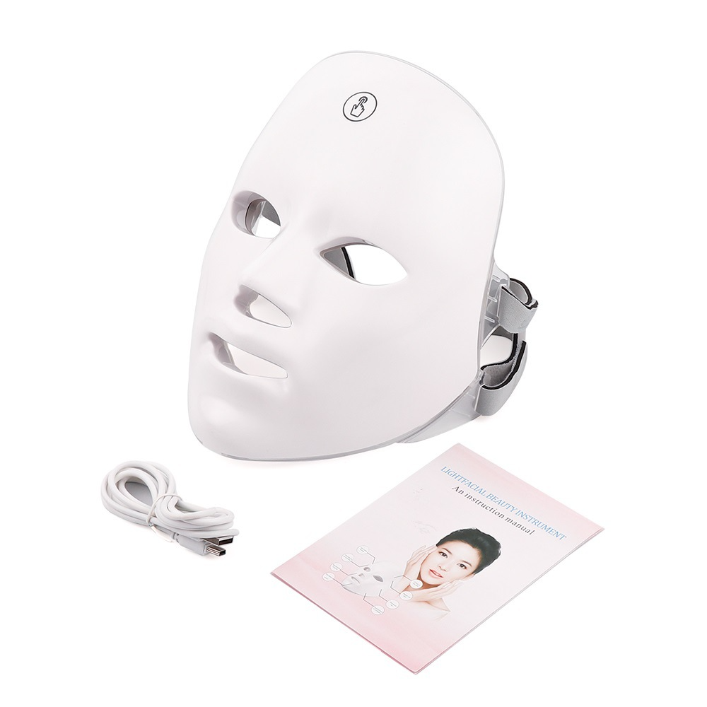 LED face mask with head strap, power cable, and instruction leaflet included