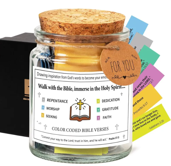Glass scripture jar with cork lid, 'FOR YOU' tag, color-coded verse cards inside.