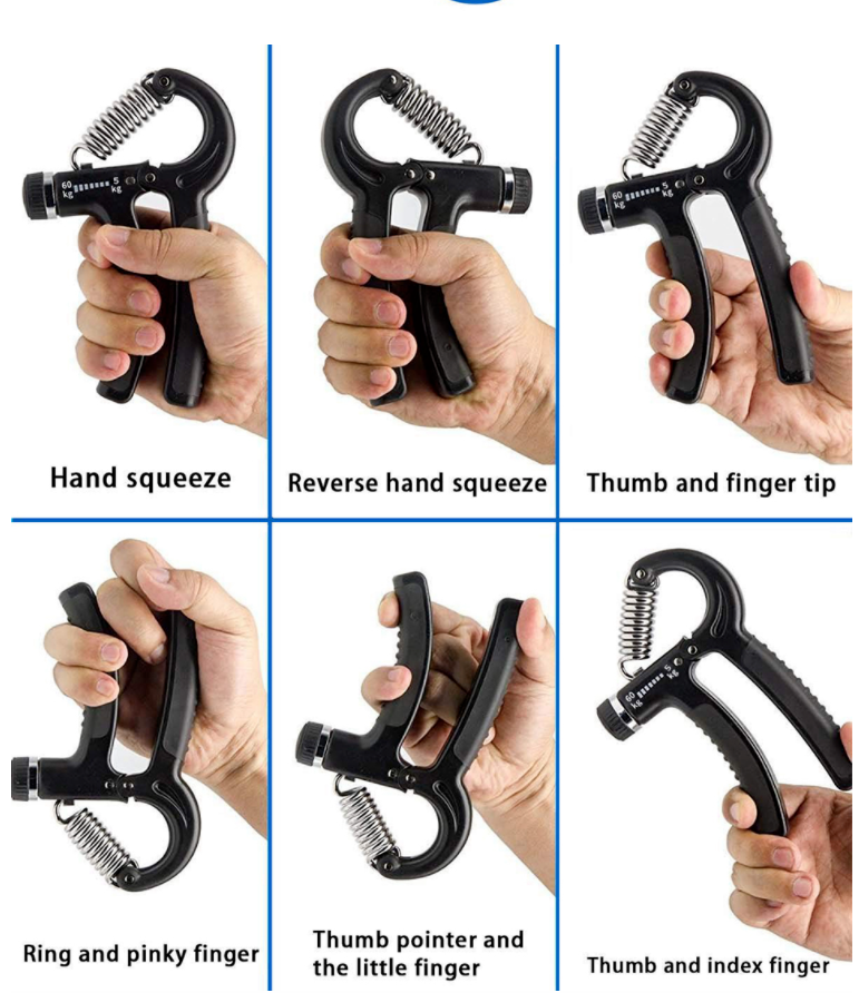 Hand grip strength trainer with red-and-black handles shown with multiple grip positions