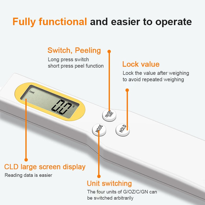 Kitchen spoon scale with LCD display, tare and hold buttons, gray body