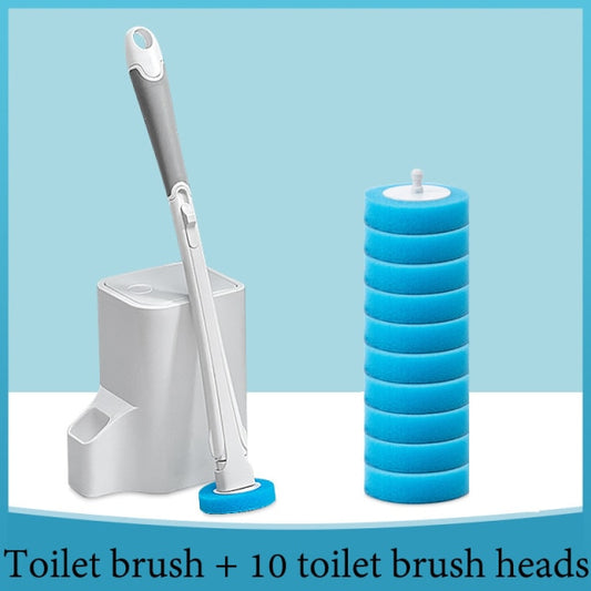 Toilet brush set with white stand, silver handle, and stack of 10 blue heads