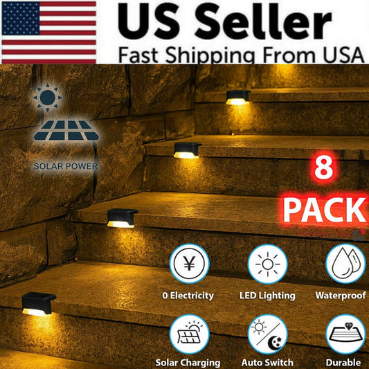Solar step deck lights, 8-pack, black caps with warm LED glow on outdoor stairs