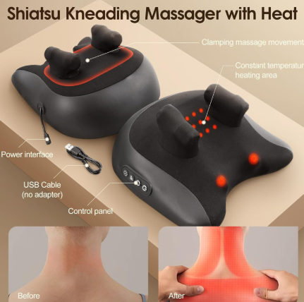 Black shiatsu kneading massage pillow with red heat dots and control panel