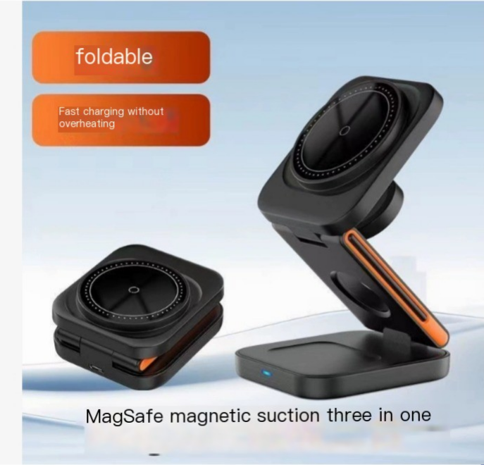 Foldable wireless charger stand with watch disc and angled phone cradle, black with orange.