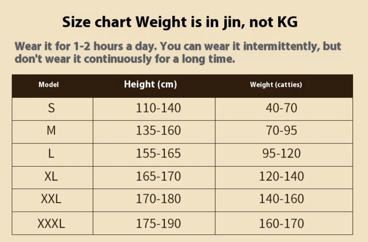 Posture corrector band size chart table with height and weight ranges by size