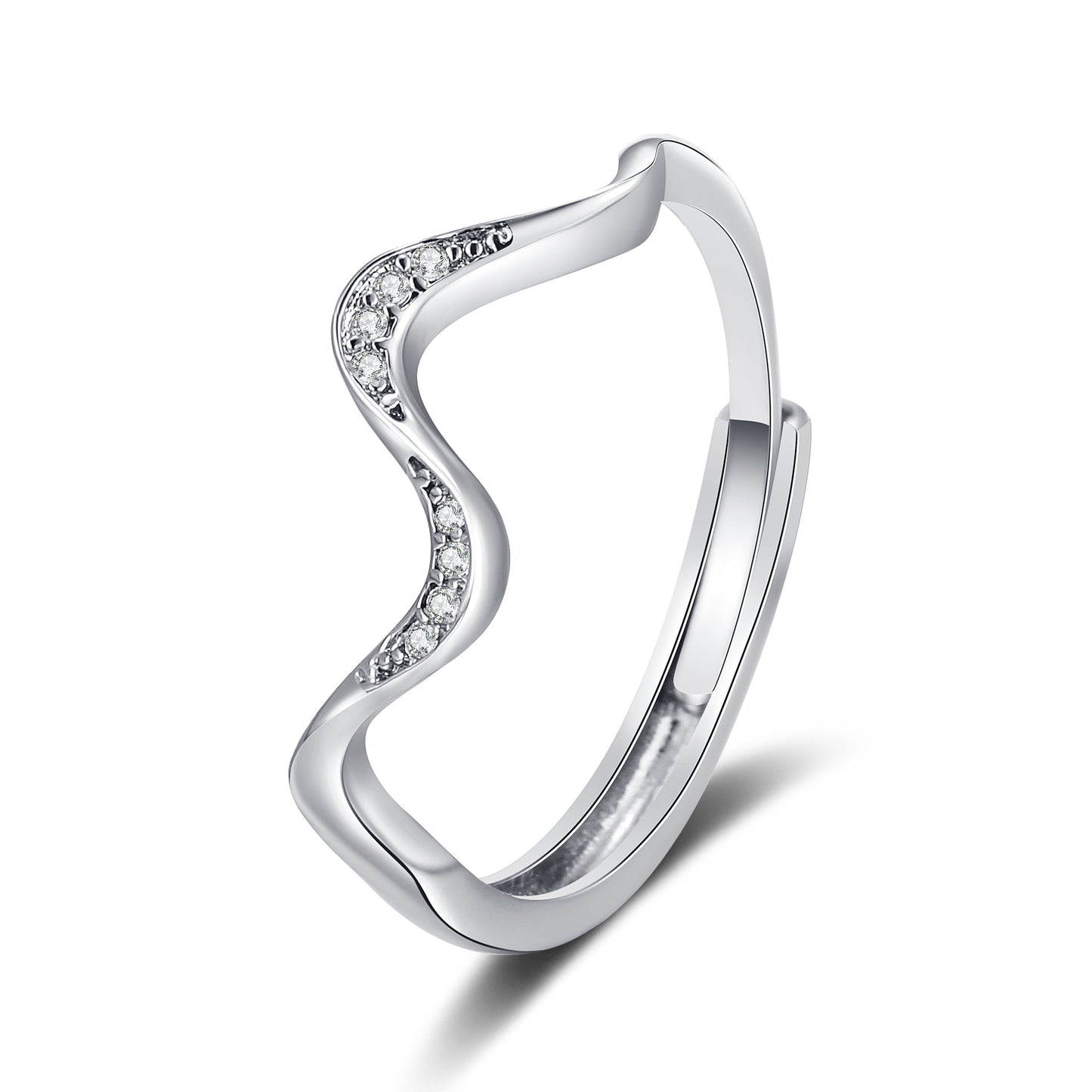 Silver wavy open adjustable ring with detailed stone line along the outer curve
