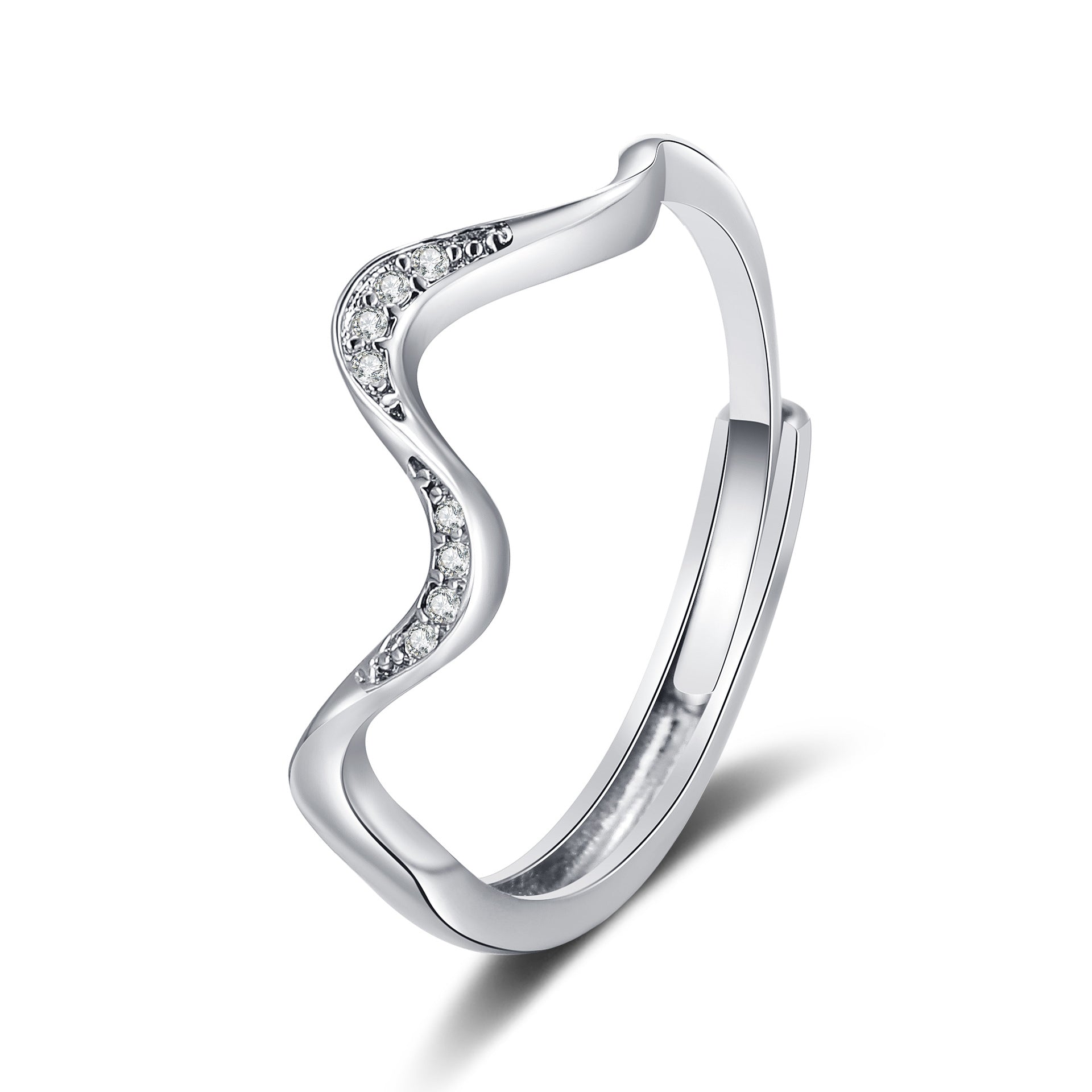 Silver wavy open adjustable ring with detailed stone line along the outer curve