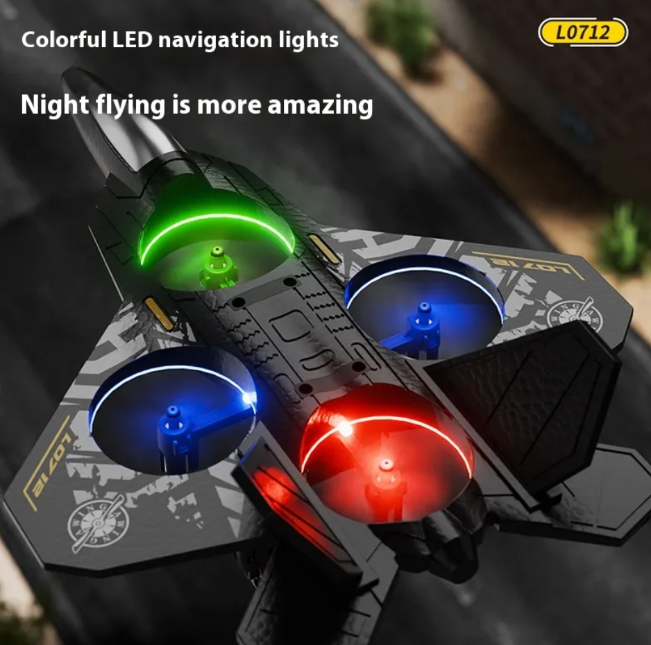 RC fighter jet close-up with green, blue, and red LED lights