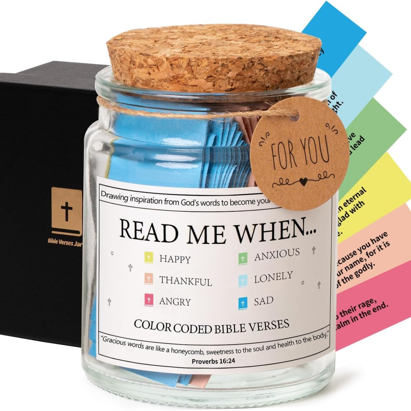Glass scripture card jar with cork lid and “FOR YOU” tag over “READ ME WHEN...” label.