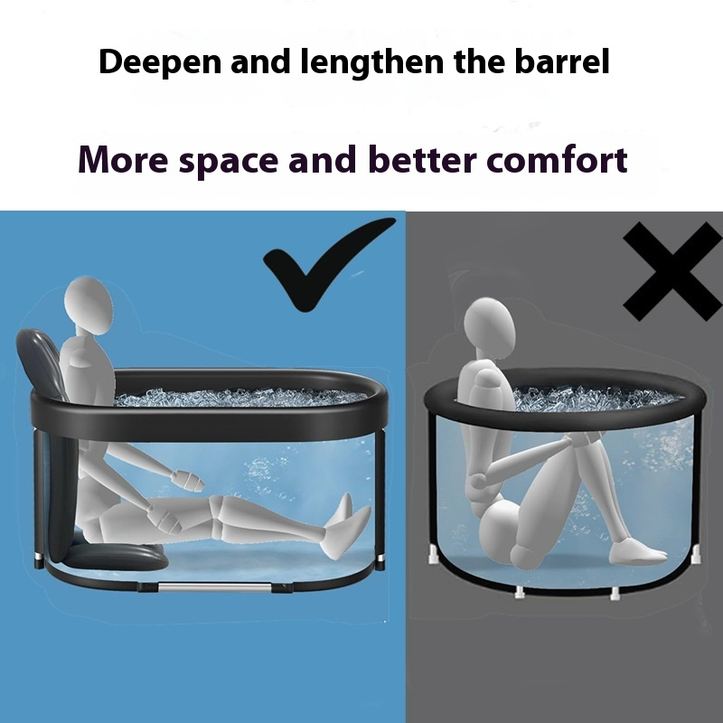 Black ice bath tub with wide rim showing deeper interior space for comfort