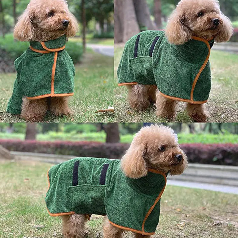 Dog in a green bathrobe towel with orange trim, showing adjustable neck and front flap