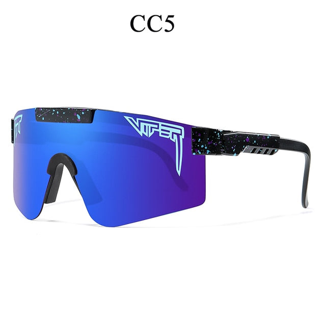 Women’s sport sunglasses with blue mirrored lens and speckled black frame temples