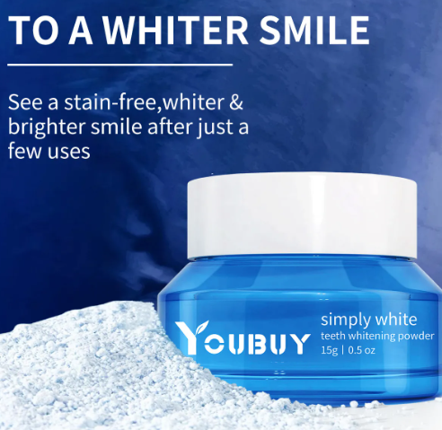 YouBUY simply white teeth whitening powder jar with white lid, blue jar and powder mound