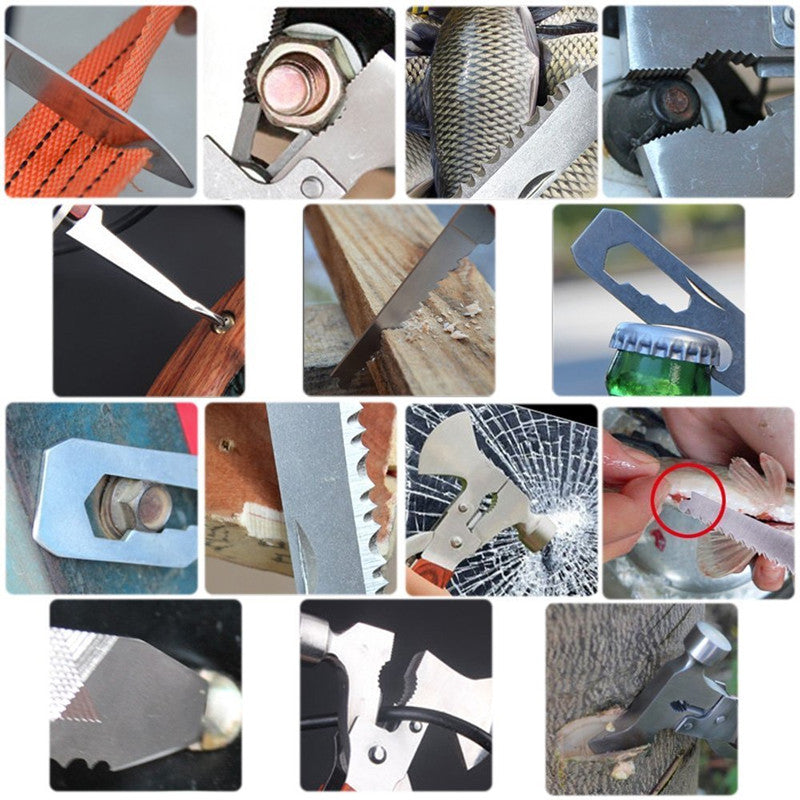 Multi-tool axe hammer with orange-brown handle and folding blades and tools in use