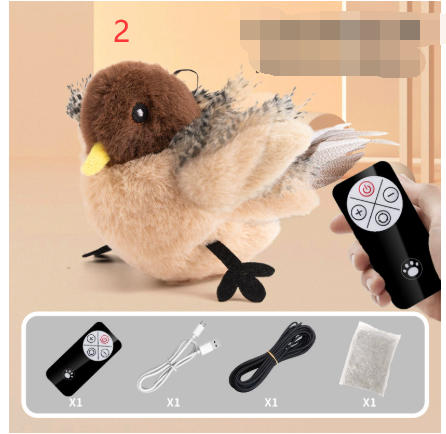 Plush bird cat toy with remote and cable, brown head and speckled wings