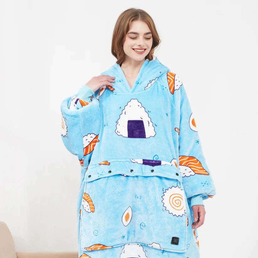 Light blue hooded wearable blanket with colorful sushi-style prints and front pocket