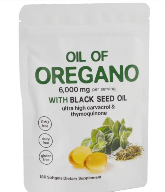 White supplement pouch labeled Oil of Oregano with two yellow softgels and oregano leaves