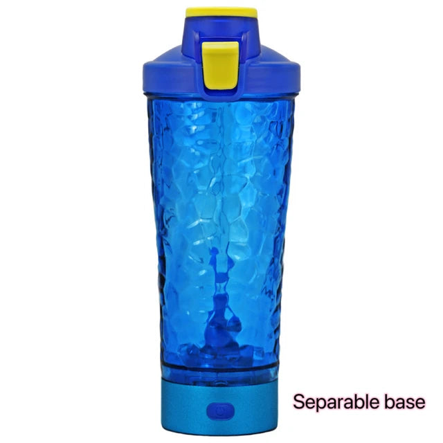Blue electric portable protein shaker bottle with textured sides and separable base